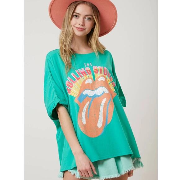 Fantastic Fawn Rolling Stones Green Oversized Shirt Tongue Graphic Womens Medium - Picture 1 of 12